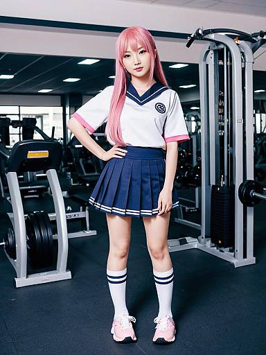 Cosplay Woman with Pink Hair in Japanese School Uniform at Gym
