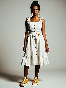 Woman in Casual Summer White Sleeveless Midi Dress with Ruffle Trim