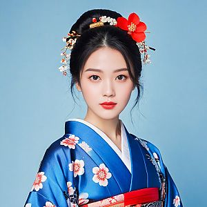 Young Woman in Blue Kimono with Floral Patterns