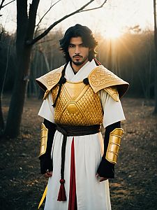 Man Cosplaying in Realistic Samurai-Inspired Armor Costume in Forest
