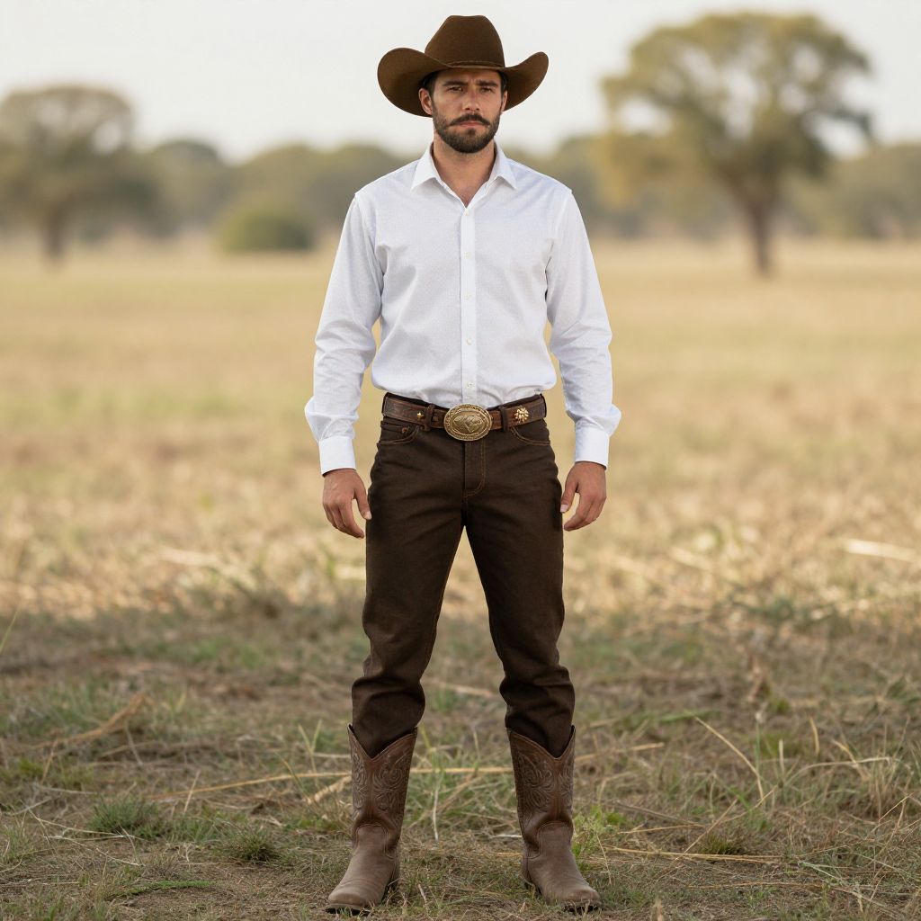 Man in Cowboy Outfit Standing in Rural Field