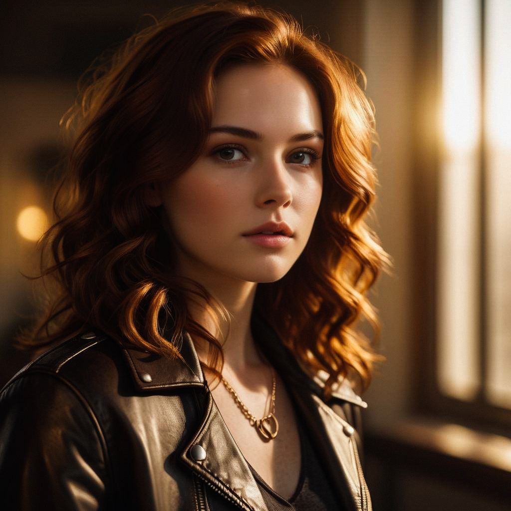 Woman with Wavy Red Hair in Leather Jacket