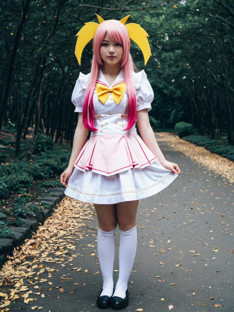 Madoka Magica Cosplay Woman in Pink and White Outfit Outdoors
