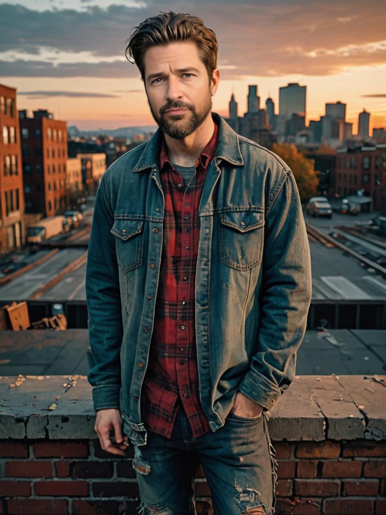 Stylish man in denim overlooking city at sunset