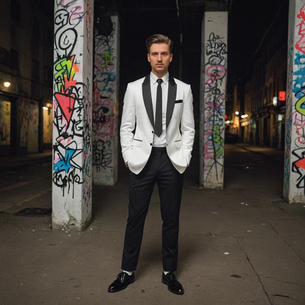 Confident Man in White Suit in Graffiti Alley