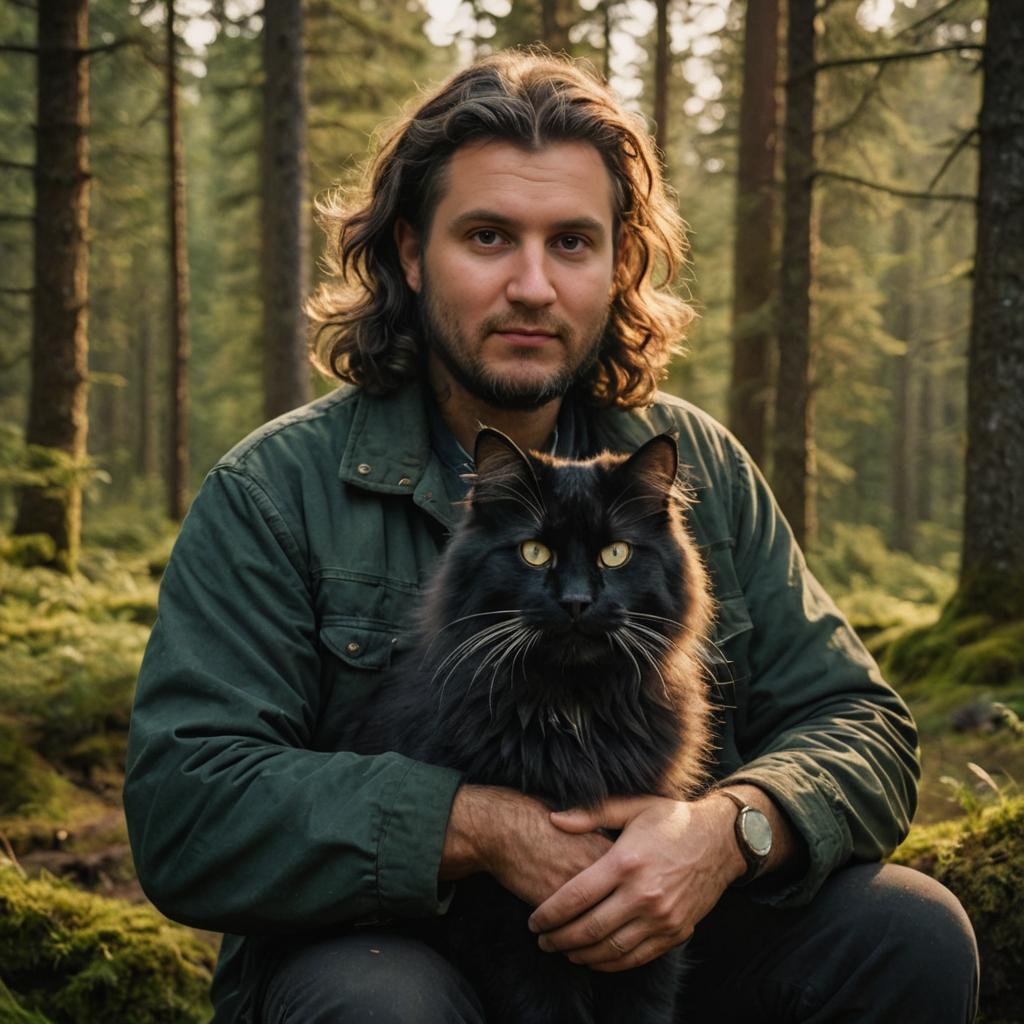 Man with Norwegian Forest Cat in Serene Forest