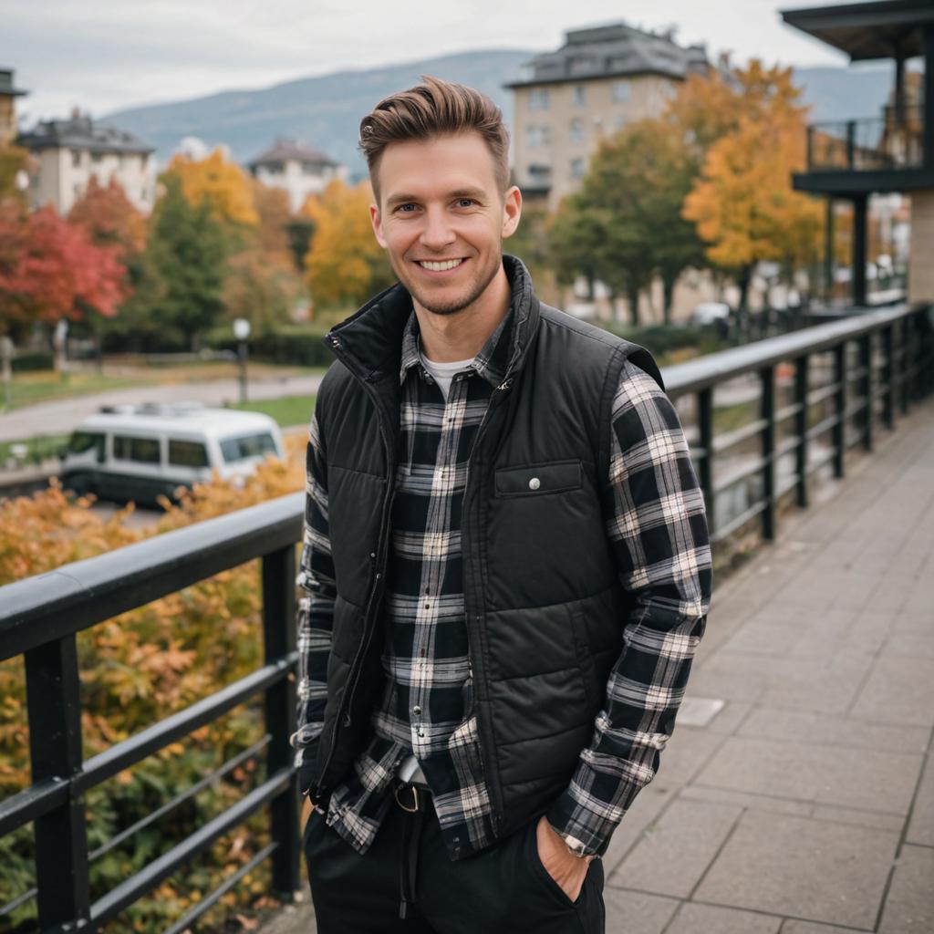 Smiling man in stylish layered outfit in urban park