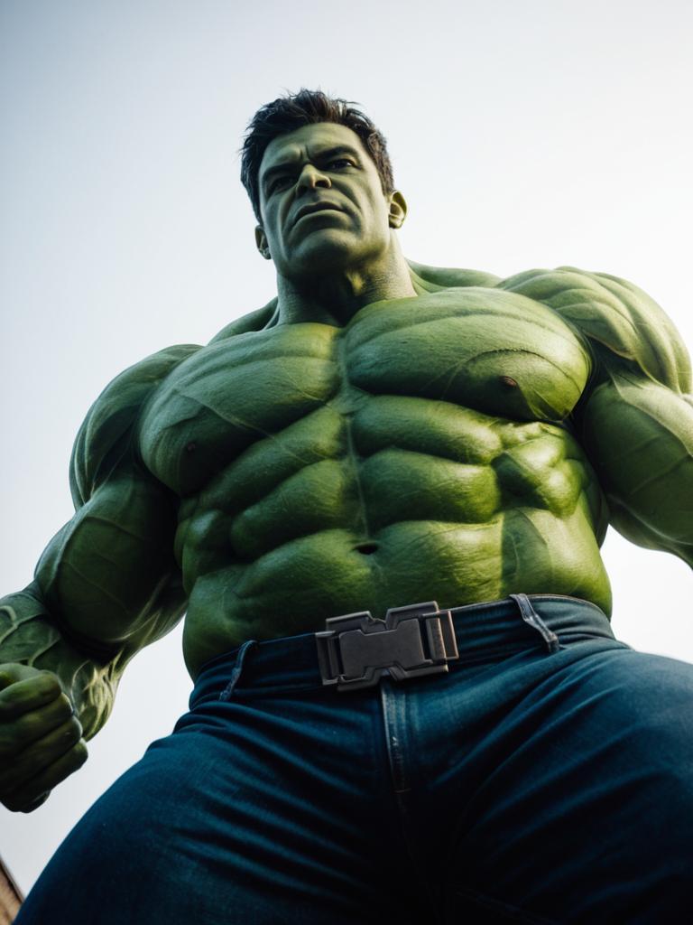 Cinematic Low Angle Photo of Man in Hulk Costume Showing Muscular Superhero Pose