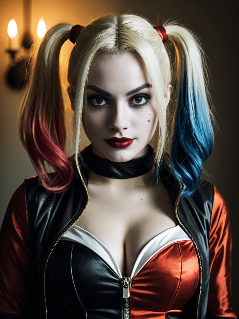Realistic Harley Quinn Woman Cosplay with Red and Blue Pigtails in Leather Costume