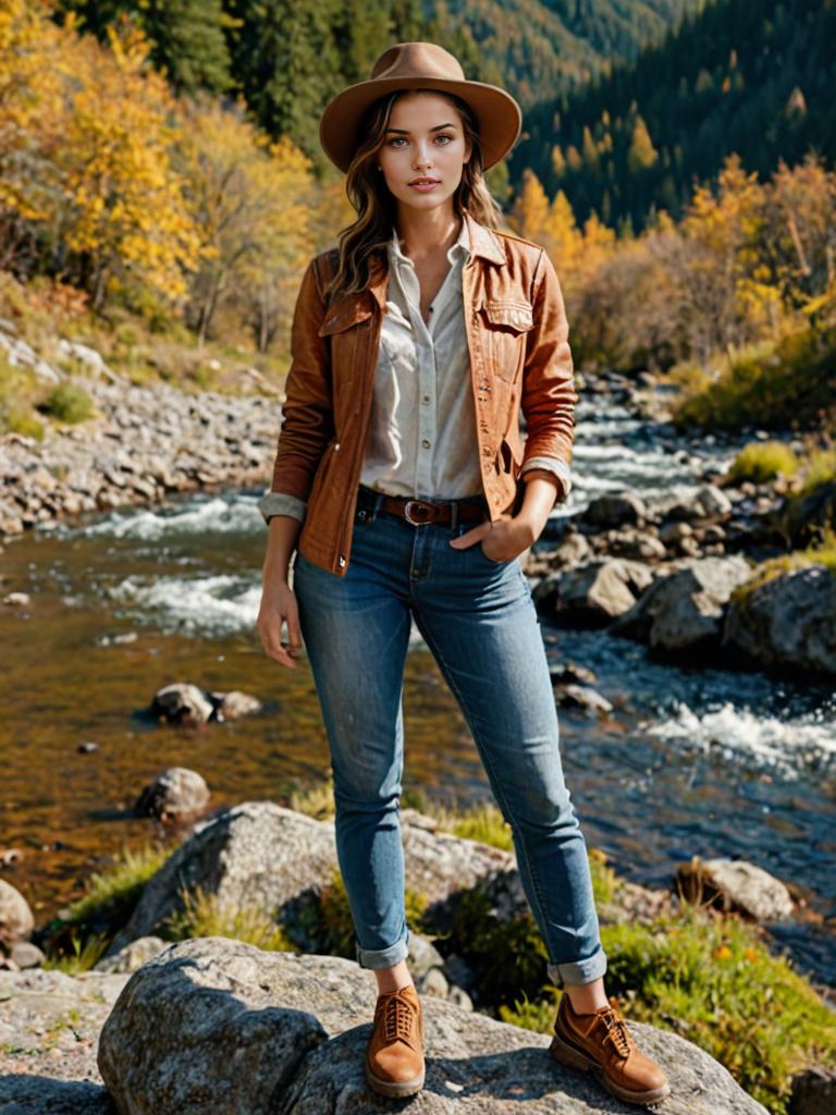 Confident Woman by Flowing River in Rustic Outdoor Fashion