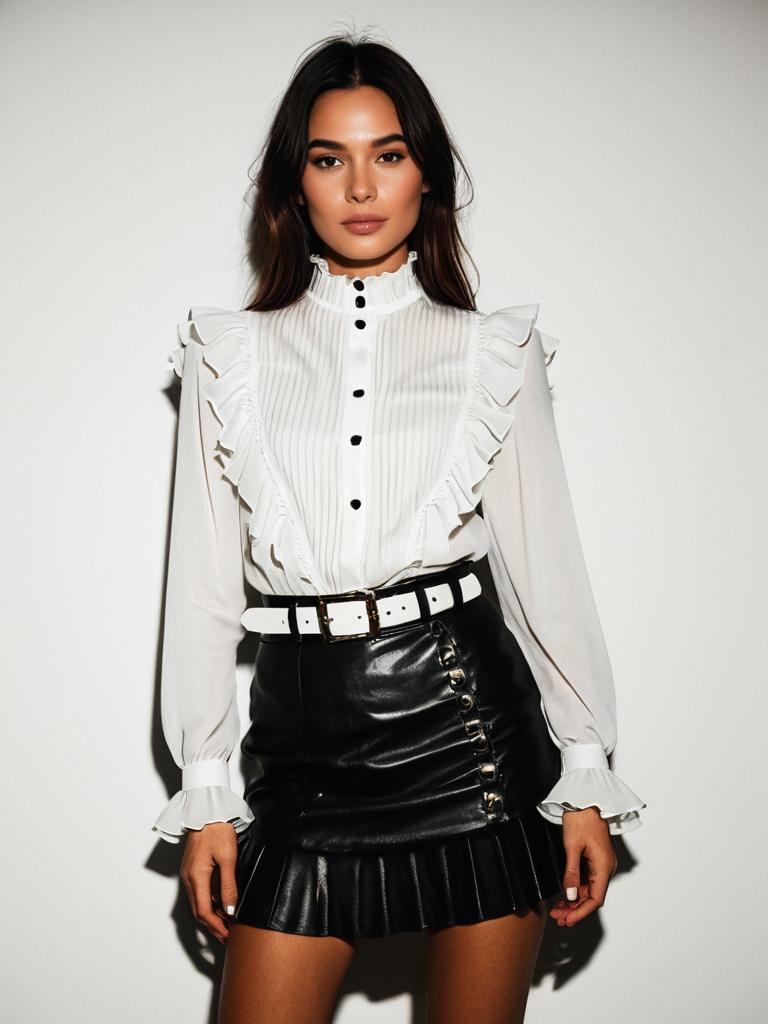 Woman in Contemporary Sheer White Ruffled Blouse and Black Leather Mini Skirt