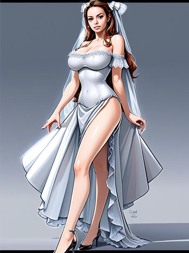 Elegant Woman in White Slit Evening Gown Digital Illustration
