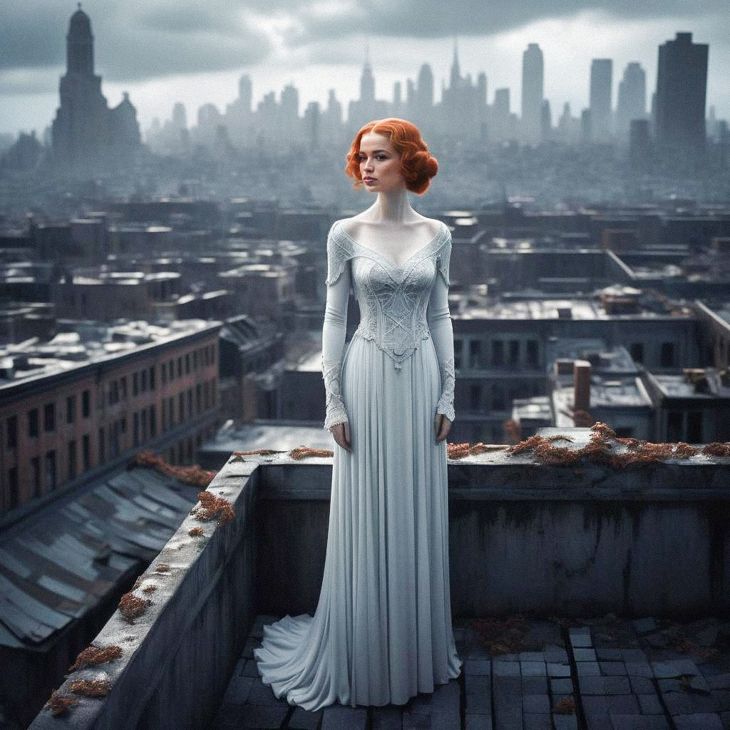 Woman in Elegant Gown on Rooftop Overlooking Dystopian City Woman in Elegant Gown on Rooftop Overlooking Dystopian City