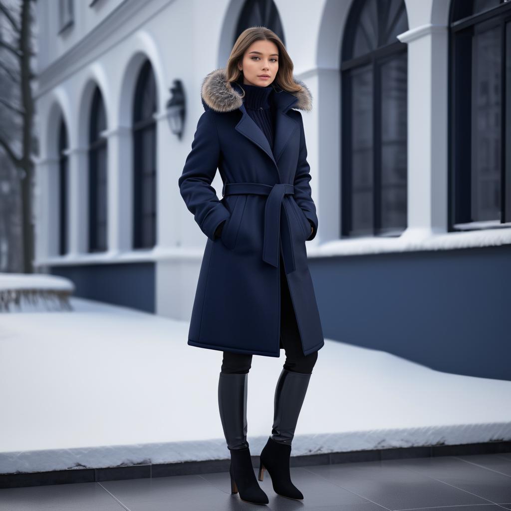 Elegant Woman in Stylish Winter Coat with Fur Collar