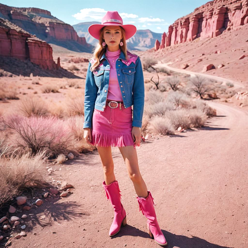 Stylish Woman in Pink Cowboy Outfit in Desert