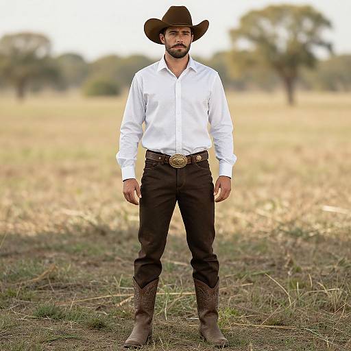 Man in Cowboy Outfit Standing in Rural Field