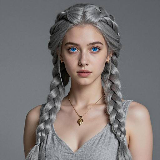 Portrait of Young Woman with Silver Braided Hair and Blue Eyes