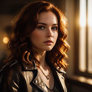 Woman with Wavy Red Hair in Leather Jacket