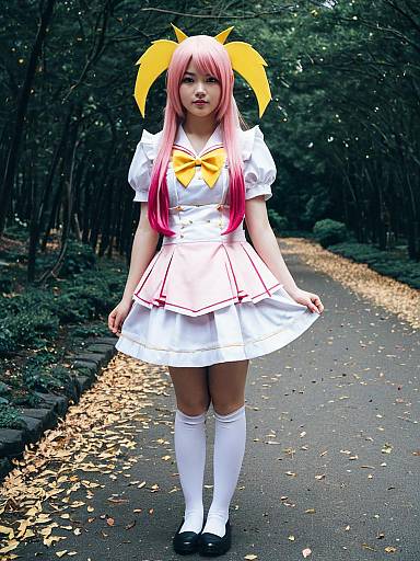 Madoka Magica Cosplay Woman in Pink and White Outfit Outdoors