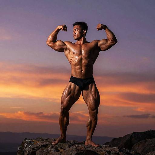 Muscular Man Flexing Muscles Outdoors at Sunset