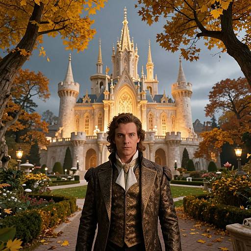 Man in Vintage Suit in Front of Illuminated Fairy Tale Castle Amid Autumn Gardens