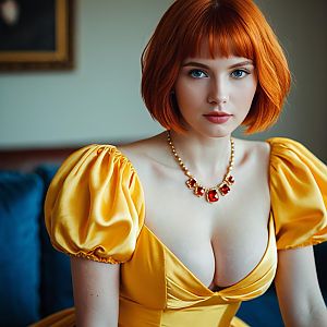 Vibrant Redhead Woman in Yellow Satin Dress with Gemstone Necklace