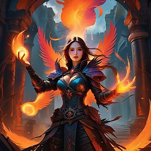Powerful Woman Mage with Fiery Wings in Ruined Hall