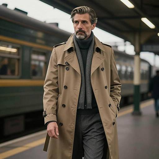 Mature Man in Classic Trench Coat Walking at Train Station