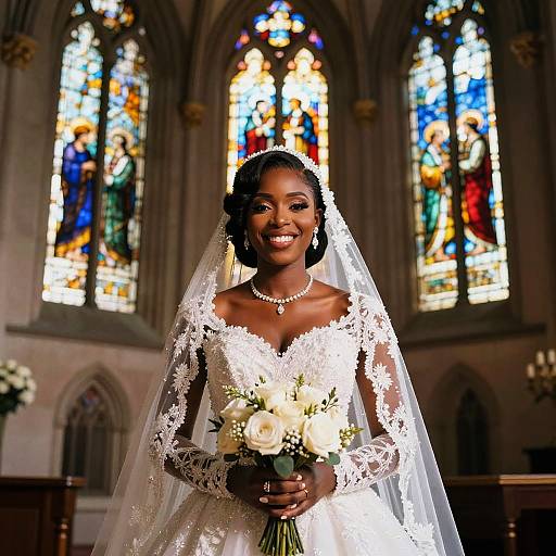 Elegant Bride in Lace Wedding Gown Holding Bouquet in Church
