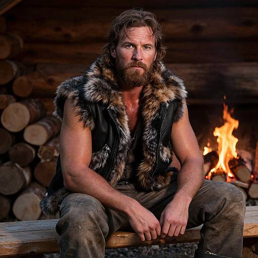 Rugged Man in Fur-Lined Vest by Cabin Fire with Logs Background