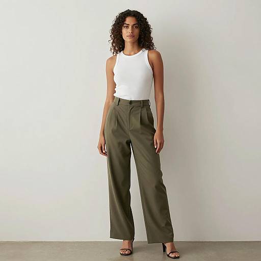 Modern Casual Chic: Woman in White Tank Top and Olive Green Wide-Leg Trousers