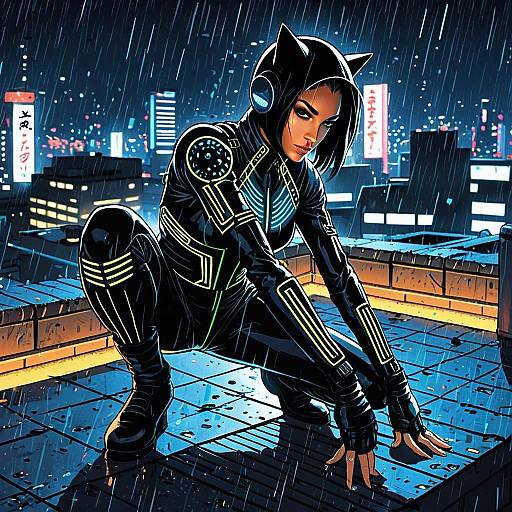 Cyberpunk Woman in Neon Bodysuit on Rainy Rooftop