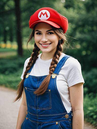 Young Woman in Mario Kart Costume with Red Hat and Denim Overalls