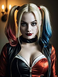 Realistic Harley Quinn Woman Cosplay with Red and Blue Pigtails in Leather Costume