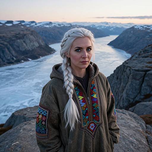 Woman with Platinum Blonde Braid in Embroidered Jacket Overlooking Frozen Mountain River