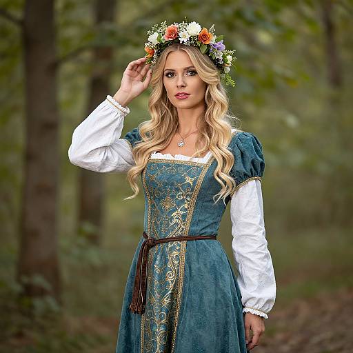 Woman in Medieval Dress with Floral Crown in Forest