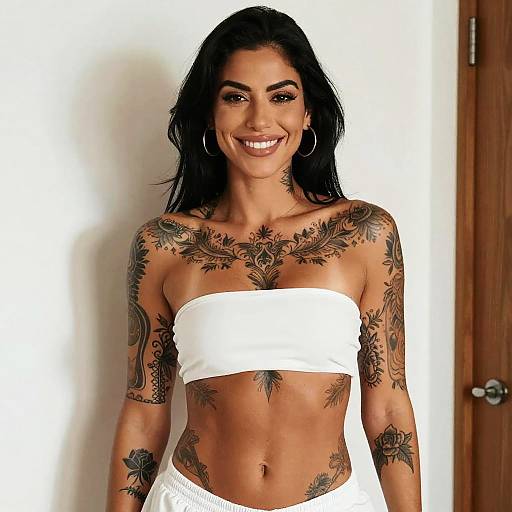 Tattooed Woman Smiling Wearing White Tube Top and Pants