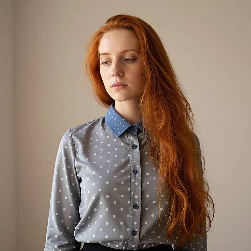 Portrait of Woman with Long Red Hair in Polka Dot Blouse