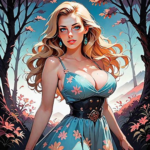 Illustrated Woman in Floral Dress with Blonde Hair and Blue Eyes