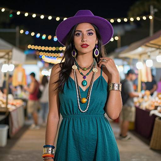 Stylish Woman in Purple Hat and Teal Dress at Night Market