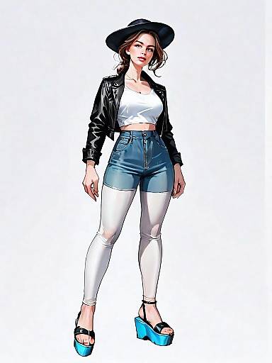 Realistic Comic-Style Full Body Illustration of Woman in Casual Fashion Outfit