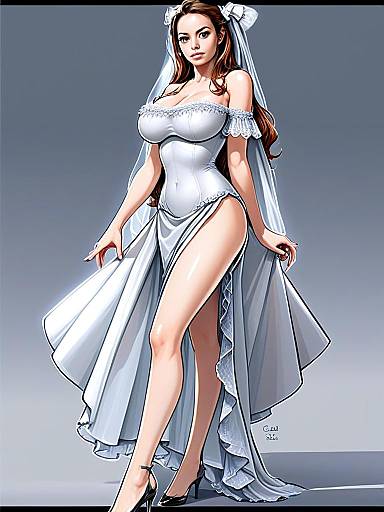 Elegant Woman in White Slit Evening Gown Digital Illustration