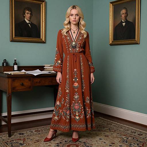 Woman in Embroidered Rust Maxi Dress in Vintage Room