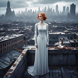 Woman in Elegant Gown on Rooftop Overlooking Dystopian City