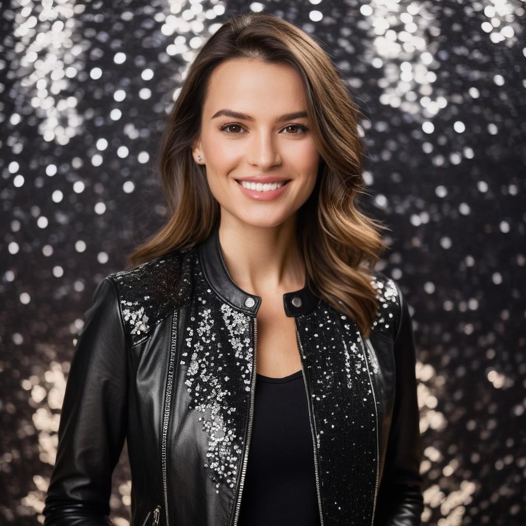 Confident Young Woman in Black Sequin Leather Jacket with Sparkling Bokeh Background