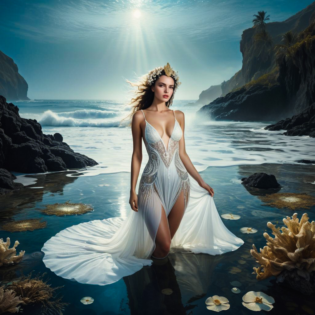 Elegant Woman in White Gown at Coastal Landscape