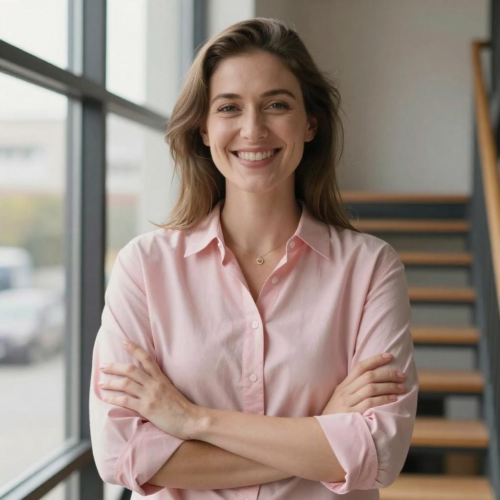 Confident Young Woman Smiling Indoors Near Window in Pink Shirt