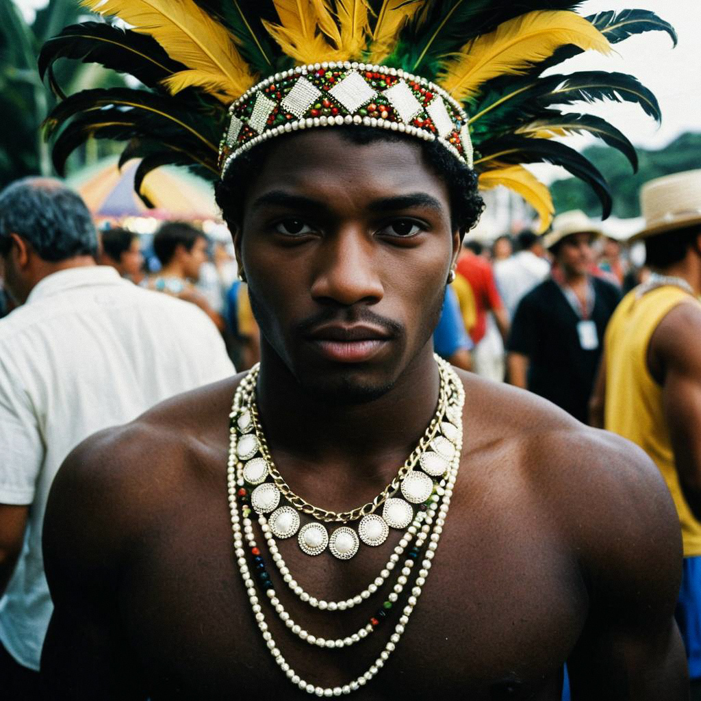 Dark-skinned man in Brazilian carnival attire with feathered headdress