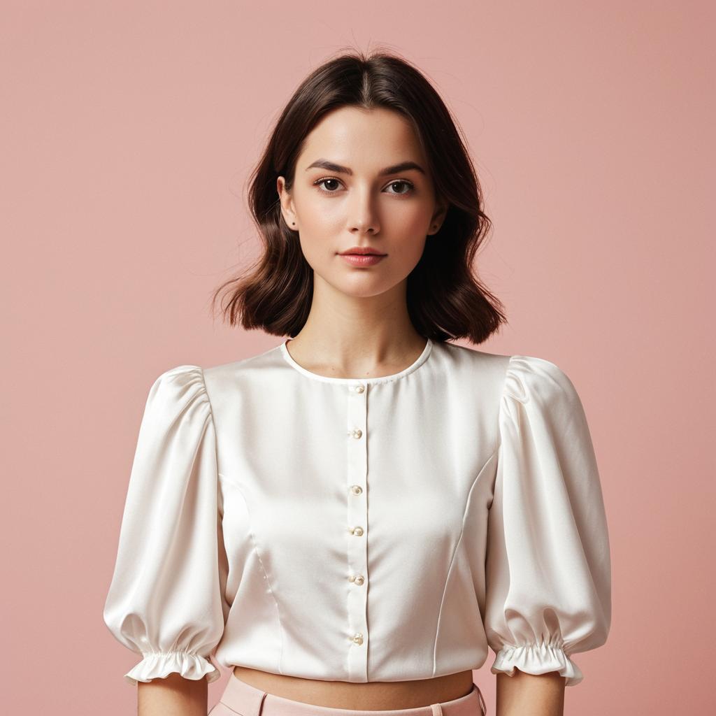 Elegant Young Woman in White Satin Blouse with Puffed Sleeves Portrait