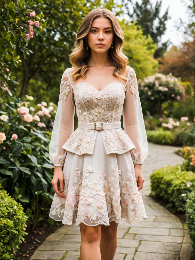 Stylish Woman in Floral Dress in Garden